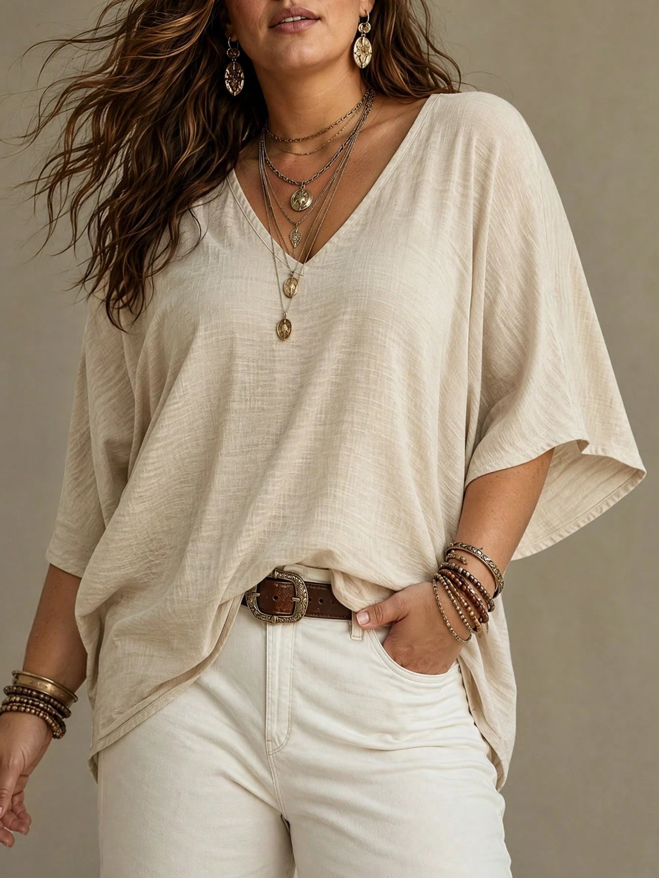 Ceyna Plus Size Women French Casual Elegant V-Neck 3/4 Sleeve Blouse Fall