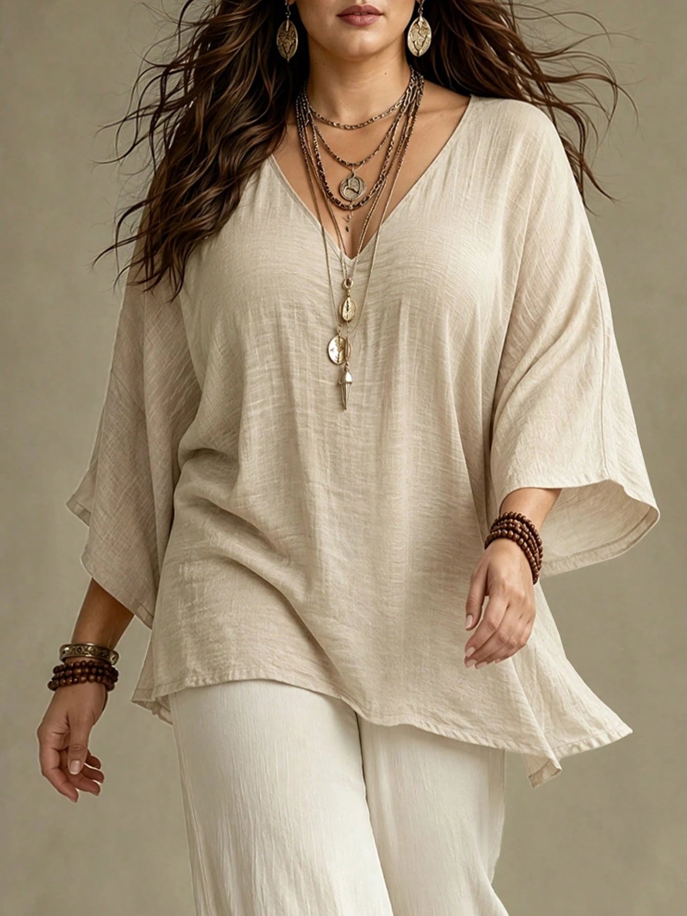 Ceyna Plus Size Women French Casual Elegant V-Neck 3/4 Sleeve Blouse Fall