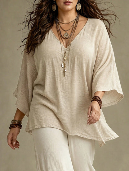 Ceyna Plus Size Women French Casual Elegant V-Neck 3/4 Sleeve Blouse Fall