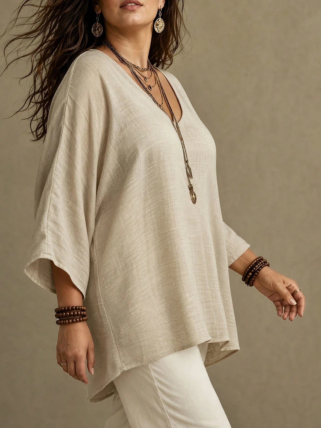 Ceyna Plus Size Women French Casual Elegant V-Neck 3/4 Sleeve Blouse Fall