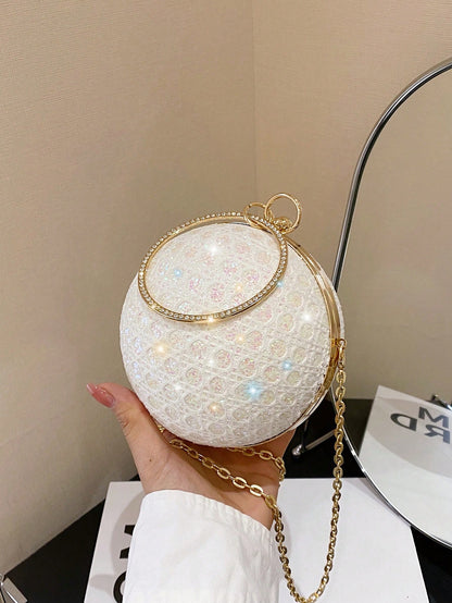 Charming, Elegant, Exquisite Rhinestone-Decorated Round Clutch Bag For Women, Suitable For Girls Party, Ball, Formal Occasion Dress, Wedding