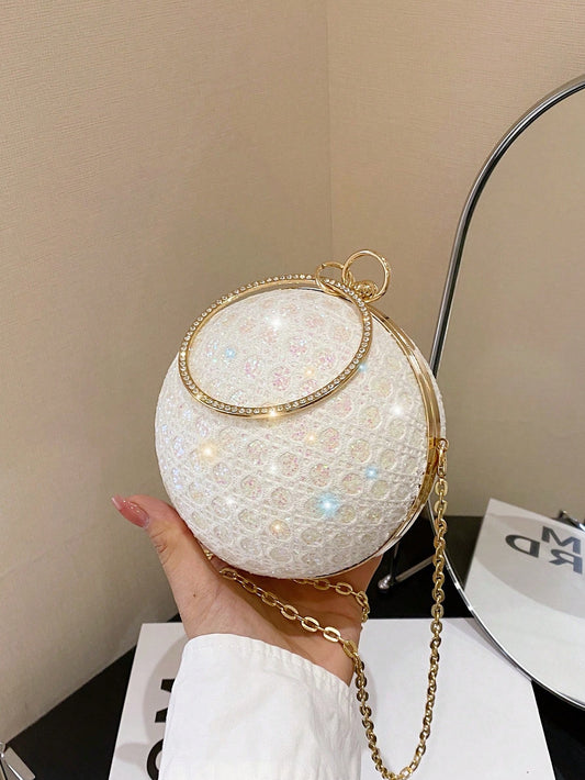 Charming, Elegant, Exquisite Rhinestone-Decorated Round Clutch Bag For Women, Suitable For Girls Party, Ball, Formal Occasion Dress, Wedding