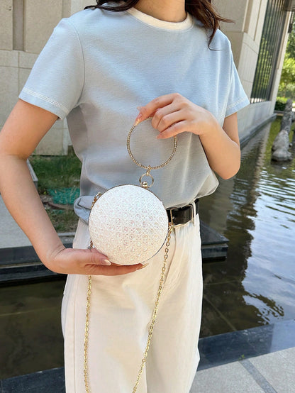 Charming, Elegant, Exquisite Rhinestone-Decorated Round Clutch Bag For Women, Suitable For Girls Party, Ball, Formal Occasion Dress, Wedding