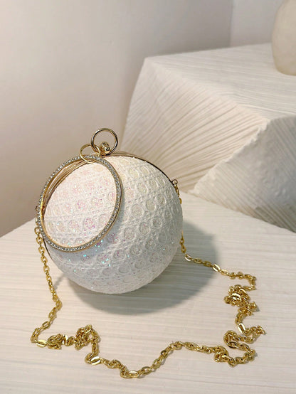 Charming, Elegant, Exquisite Rhinestone-Decorated Round Clutch Bag For Women, Suitable For Girls Party, Ball, Formal Occasion Dress, Wedding