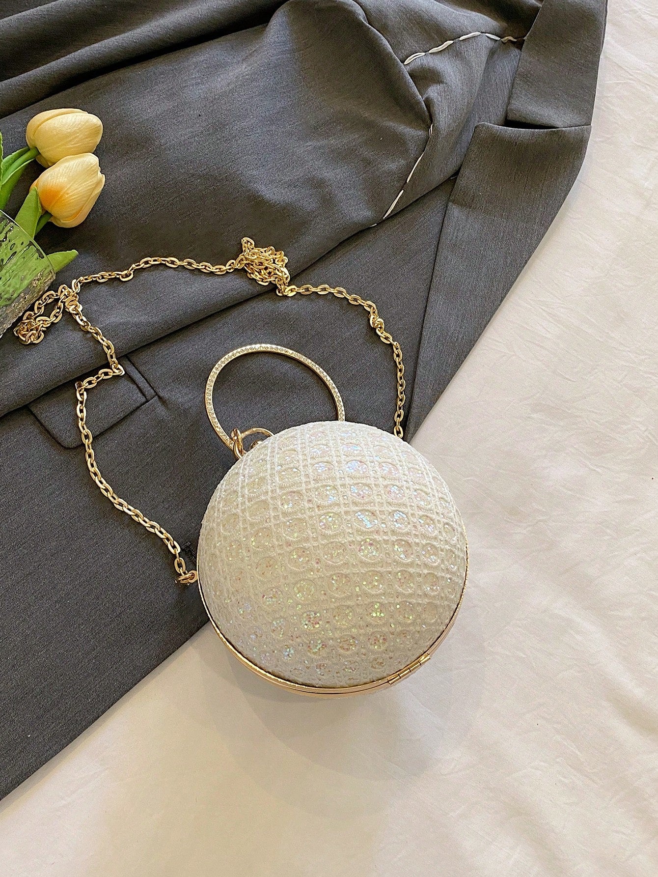 Charming, Elegant, Exquisite Rhinestone-Decorated Round Clutch Bag For Women, Suitable For Girls Party, Ball, Formal Occasion Dress, Wedding