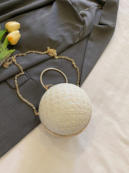 Charming, Elegant, Exquisite Rhinestone-Decorated Round Clutch Bag For Women, Suitable For Girls Party, Ball, Formal Occasion Dress, Wedding