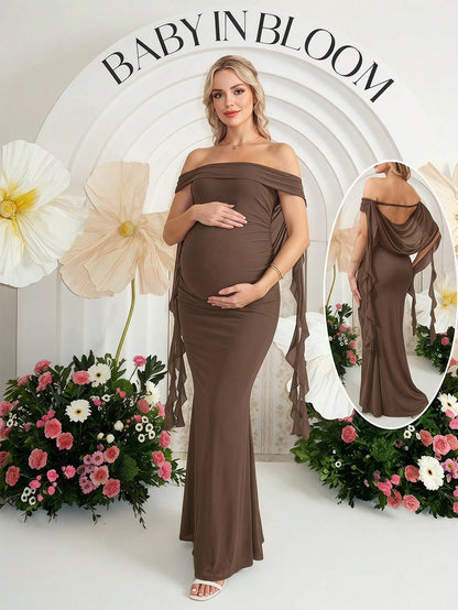 Cheriluna Maternity Elegant Brown Summer Maternity Maxi Dress,Off Shoulder Backless Pregnant Woman Long Dress For Photoshoot,Baby Shower,Christmas Party,Solid Color
