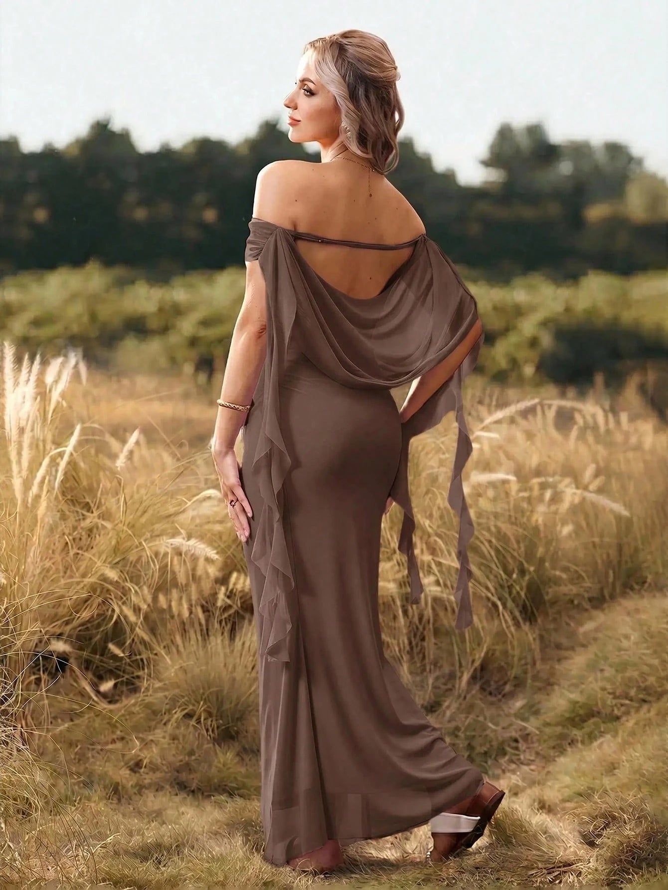 Cheriluna Maternity Elegant Brown Summer Maternity Maxi Dress,Off Shoulder Backless Pregnant Woman Long Dress For Photoshoot,Baby Shower,Christmas Party,Solid Color