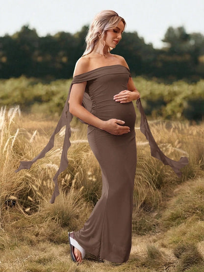 Cheriluna Maternity Elegant Brown Summer Maternity Maxi Dress,Off Shoulder Backless Pregnant Woman Long Dress For Photoshoot,Baby Shower,Christmas Party,Solid Color