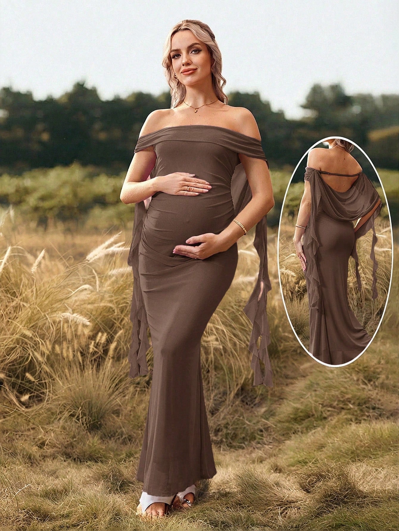 Cheriluna Maternity Elegant Brown Summer Maternity Maxi Dress,Off Shoulder Backless Pregnant Woman Long Dress For Photoshoot,Baby Shower,Christmas Party,Solid Color