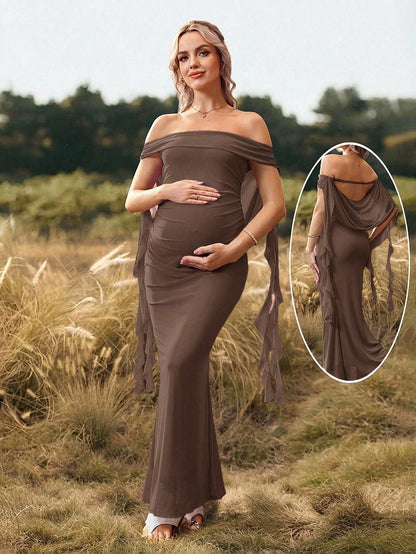 Cheriluna Maternity Elegant Brown Summer Maternity Maxi Dress,Off Shoulder Backless Pregnant Woman Long Dress For Photoshoot,Baby Shower,Christmas Party,Solid Color