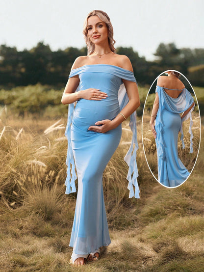 Cheriluna Maternity Elegant Brown Summer Maternity Maxi Dress,Off Shoulder Backless Pregnant Woman Long Dress For Photoshoot,Baby Shower,Christmas Party,Solid Color