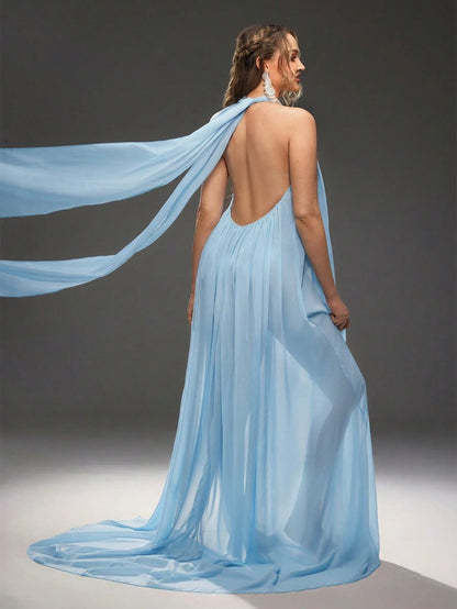 Cheriluna Maternity Maternity Solid Color Side Slit Hem Halter Neck Photoshoot Dress