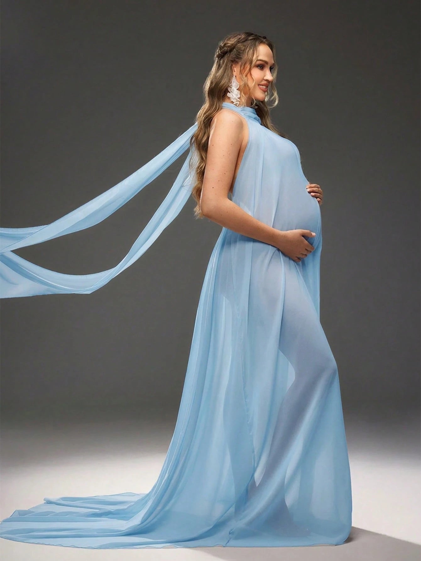 Cheriluna Maternity Maternity Solid Color Side Slit Hem Halter Neck Photoshoot Dress