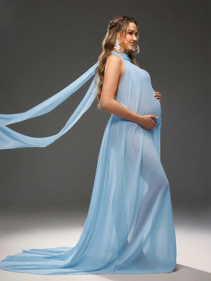 Cheriluna Maternity Maternity Solid Color Side Slit Hem Halter Neck Photoshoot Dress