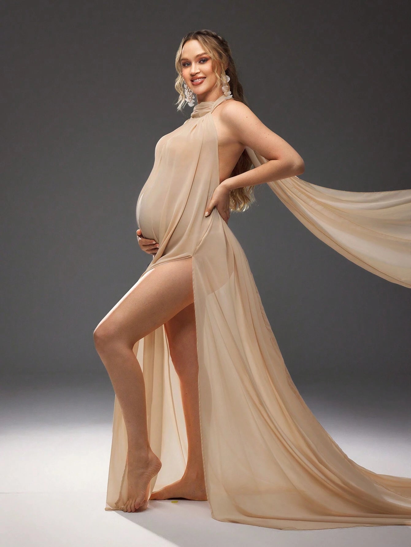 Cheriluna Maternity Maternity Solid Color Side Slit Hem Halter Neck Photoshoot Dress