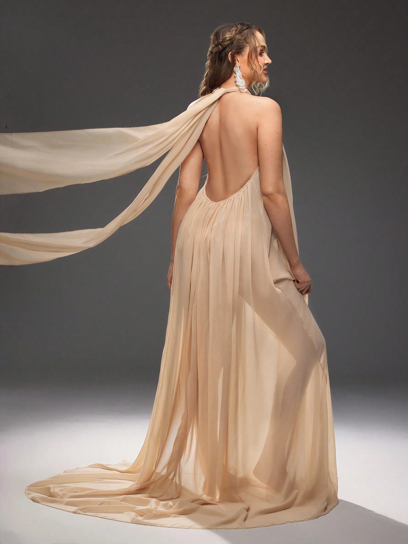 Cheriluna Maternity Maternity Solid Color Side Slit Hem Halter Neck Photoshoot Dress