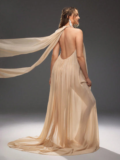 Cheriluna Maternity Maternity Solid Color Side Slit Hem Halter Neck Photoshoot Dress
