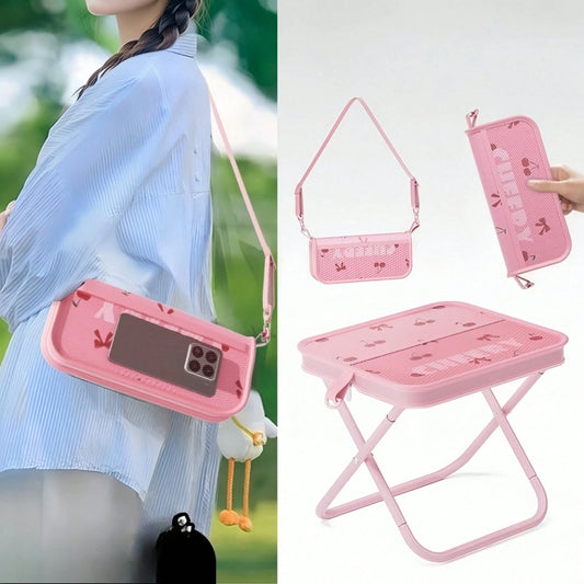 Cherry Pattern Foldable Stool With Shoulder Strap, Lightweight Portable Outdoor Camping Seat, Foldable Fishing Chair For Hiking, Picnic, Perfect Holiday Gift