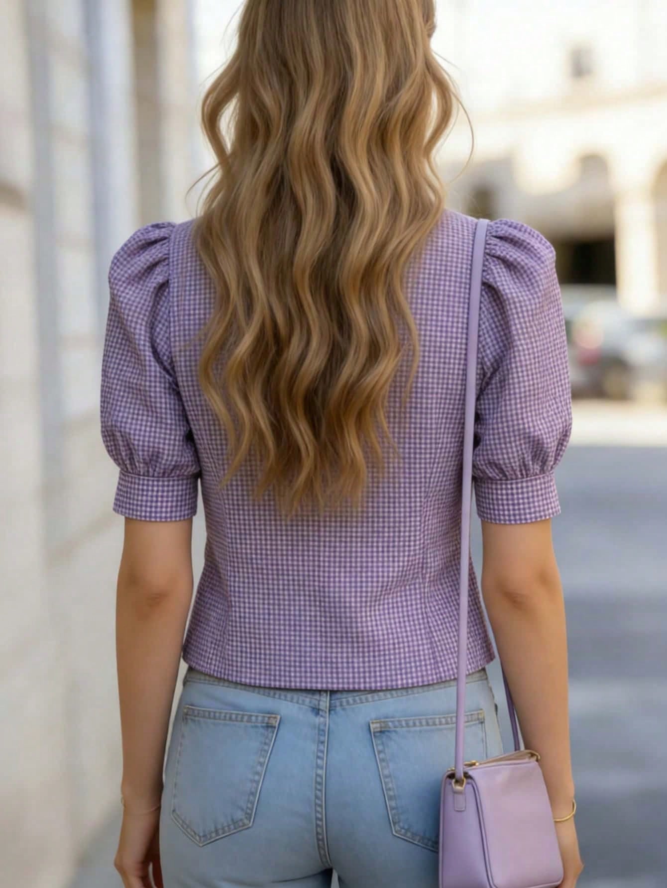 Chic Women's Gingham Print Short Sleeve Blouse With Lapel Collar And Button Details Regular Fit Top Summer