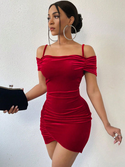Chiquease Cold Shoulder Ruched Side Tulip Hem Bodycon Dress For New Year Clothes