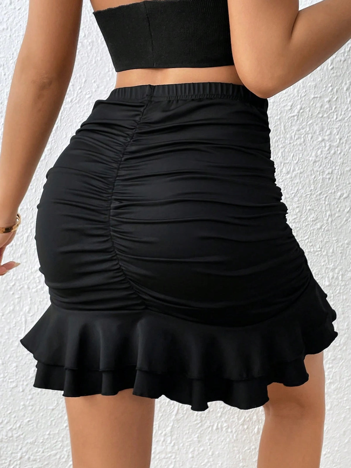 Chiquease Ruched Ruffle Hem Bodycon Skirt
