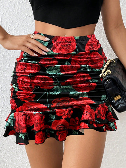 Chiquease Ruched Ruffle Hem Bodycon Skirt