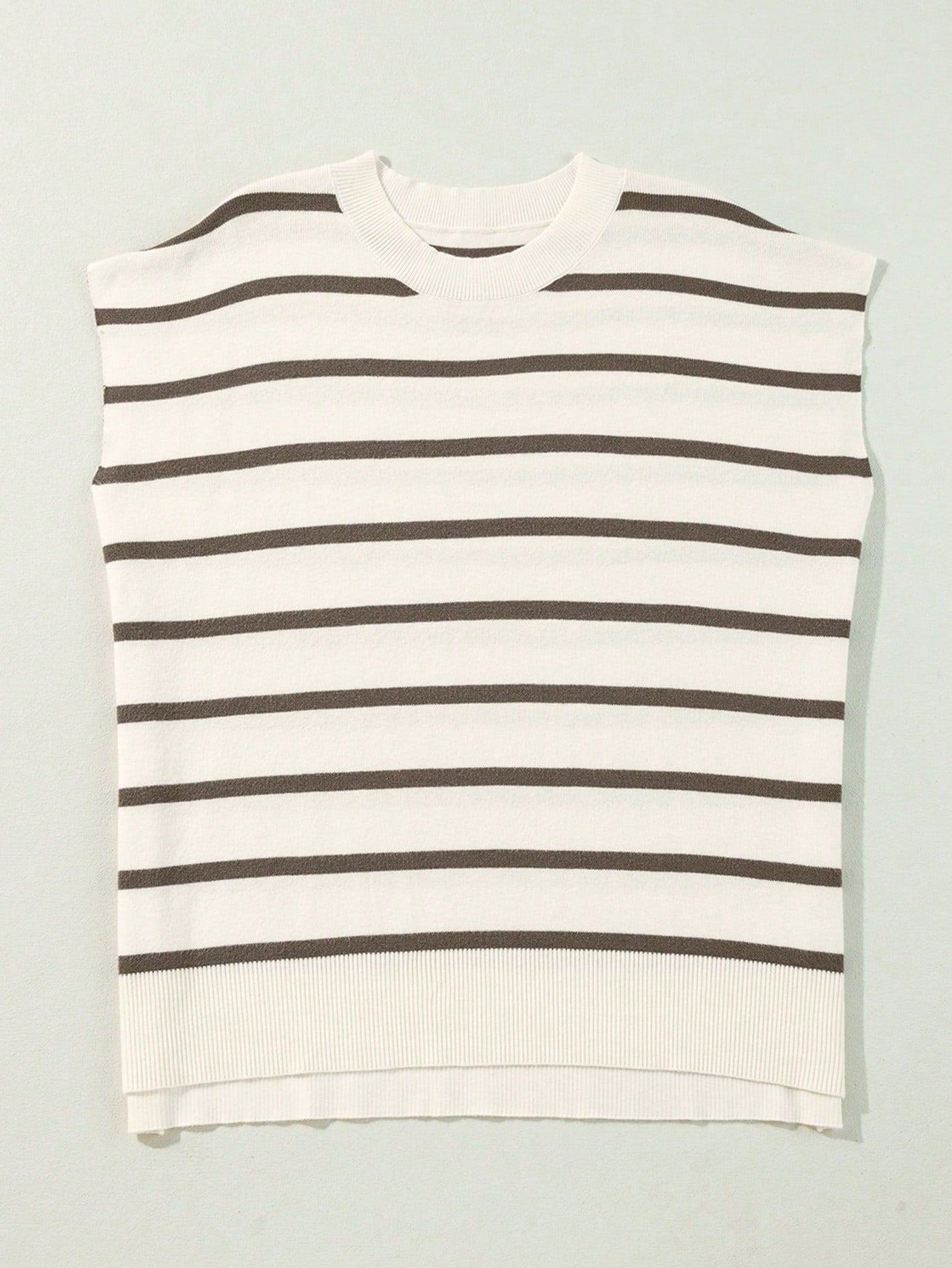 CILKOO Striped Side Slit Round Neck Short Sleeve Sweater T-Shirt Casual Summer Brown