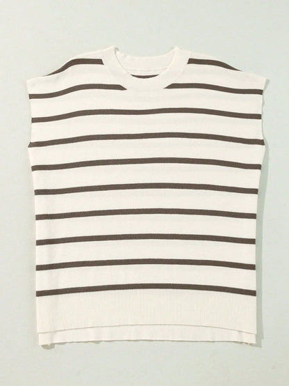 CILKOO Striped Side Slit Round Neck Short Sleeve Sweater T-Shirt Casual Summer Brown