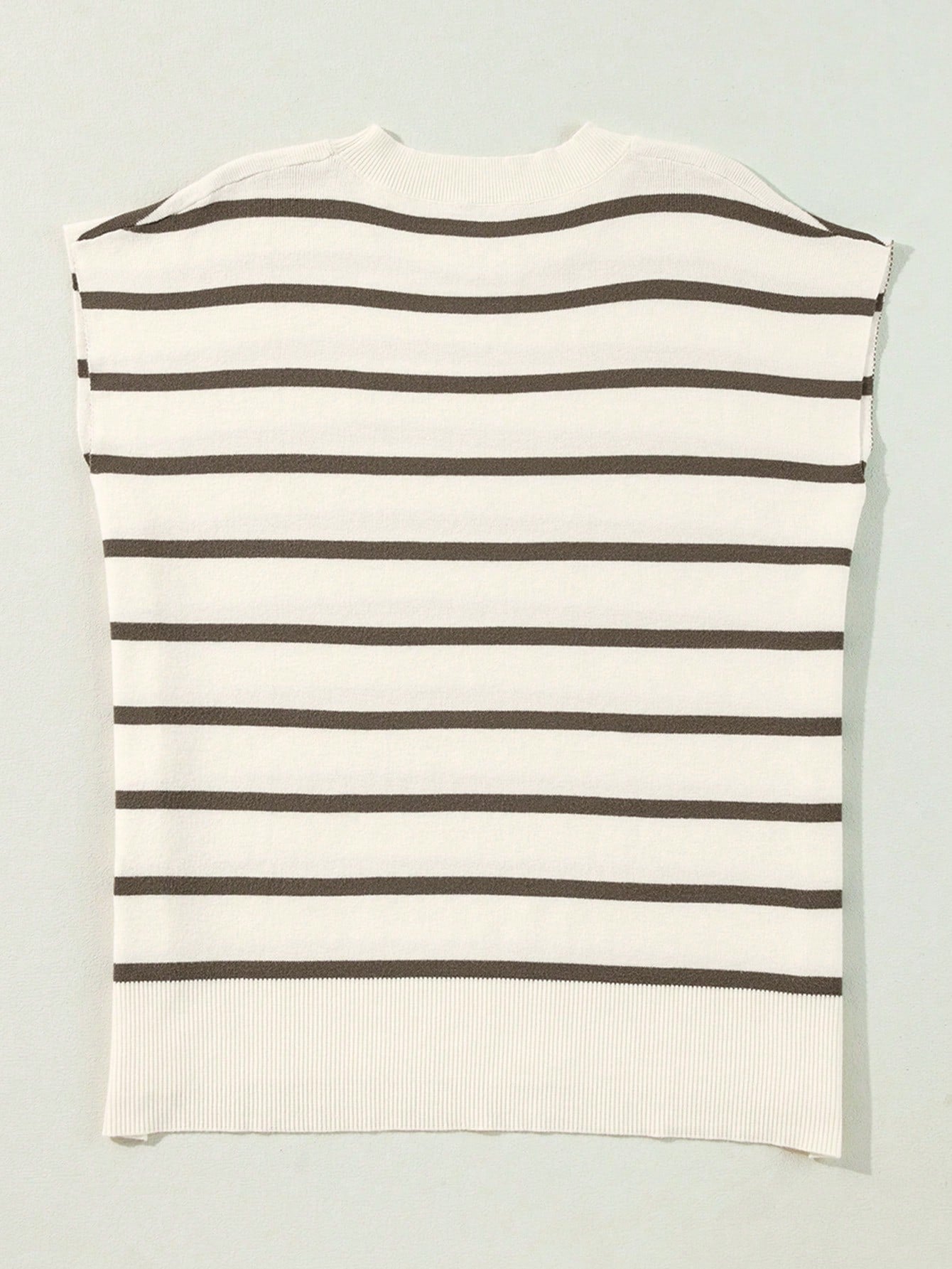 CILKOO Striped Side Slit Round Neck Short Sleeve Sweater T-Shirt Casual Summer Brown