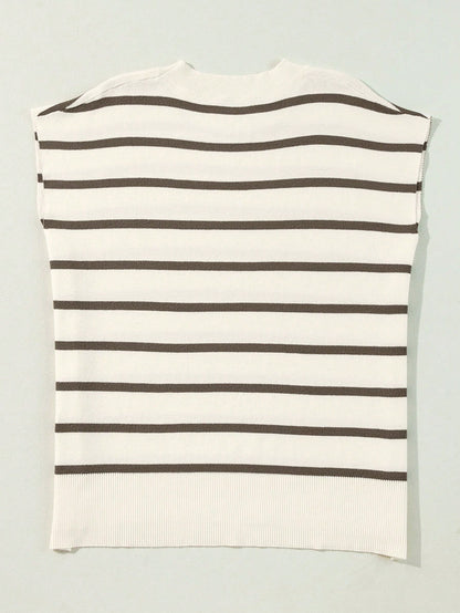 CILKOO Striped Side Slit Round Neck Short Sleeve Sweater T-Shirt Casual Summer Brown