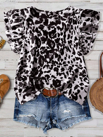 Clasi Curve Plus Size Women's Rose Red Leopard Print Round Neck Blouse,Double Layer Small Cap Sleeve Loose Top,Summer,Beige,Boho Casual Formal,Carribean
