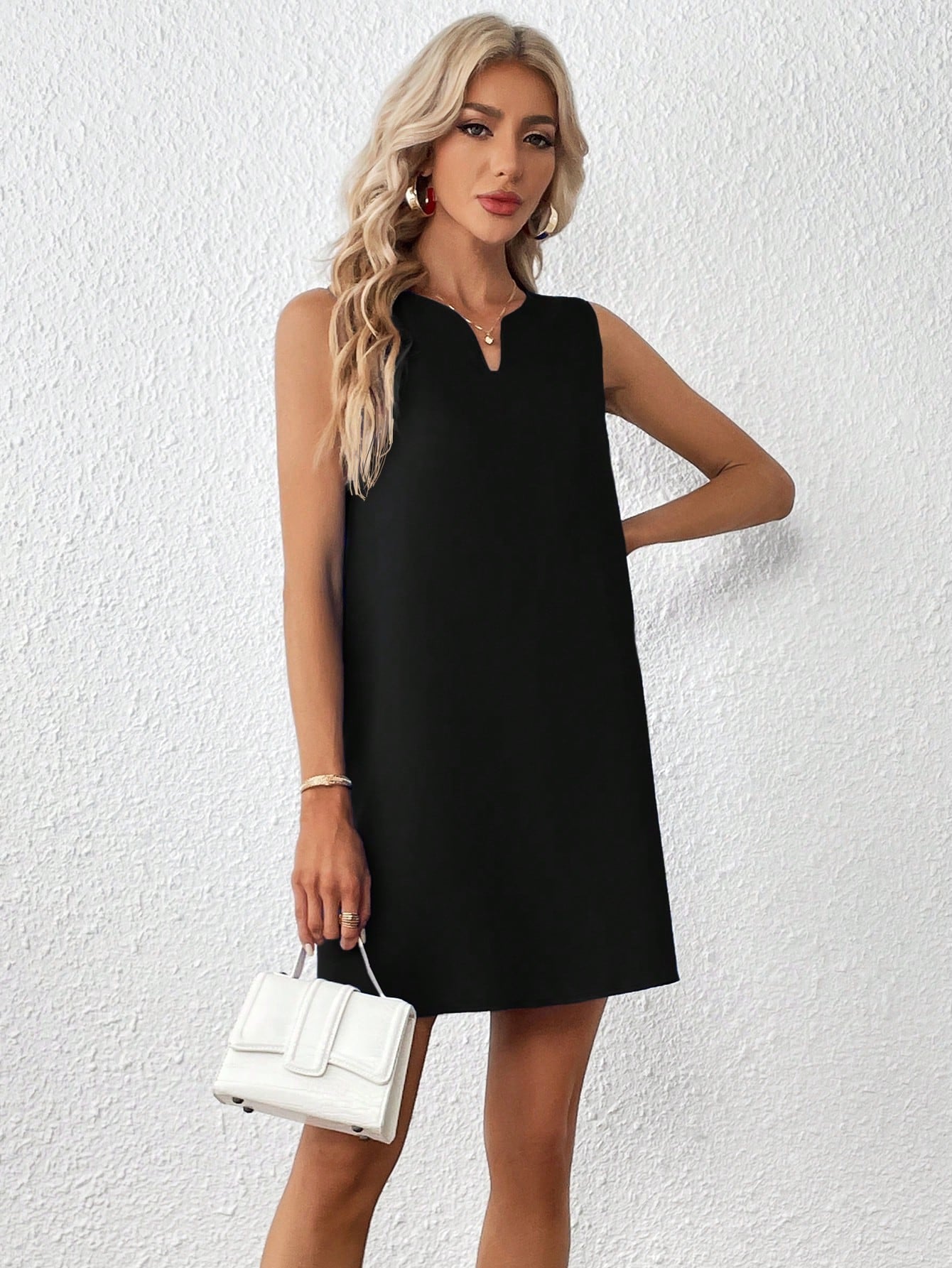 Clasi Solid Notched Neckline Sleeveless Tank Dress,Business Casual Woman