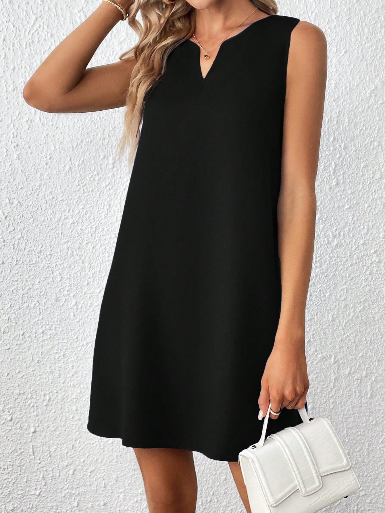 Clasi Solid Notched Neckline Sleeveless Tank Dress,Business Casual Woman