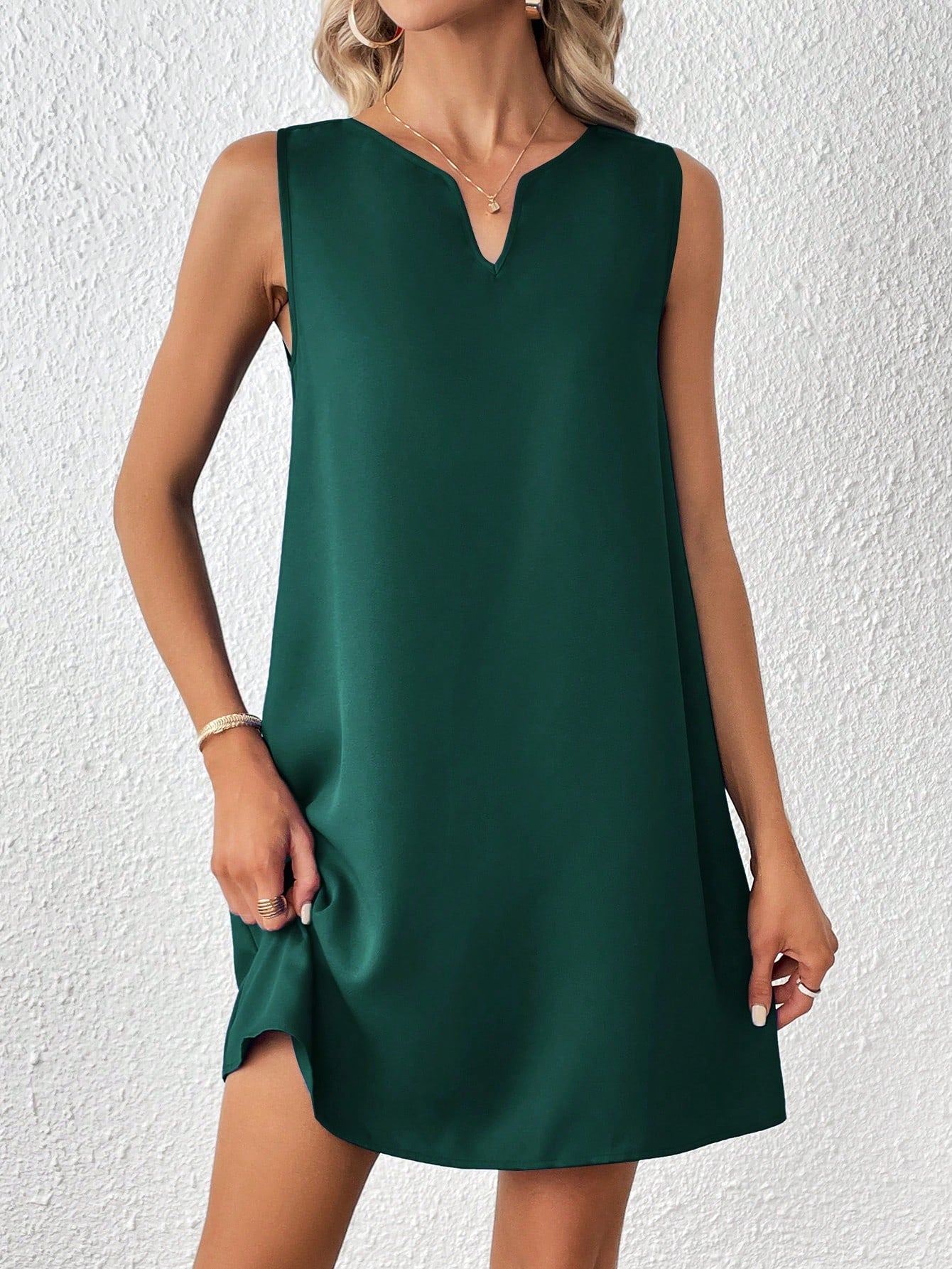 Clasi Solid Notched Neckline Sleeveless Tank Dress,Business Casual Woman