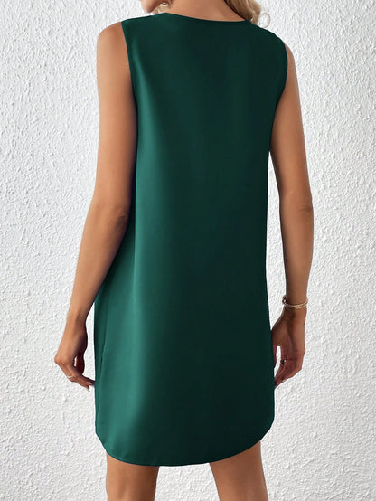 Clasi Solid Notched Neckline Sleeveless Tank Dress,Business Casual Woman