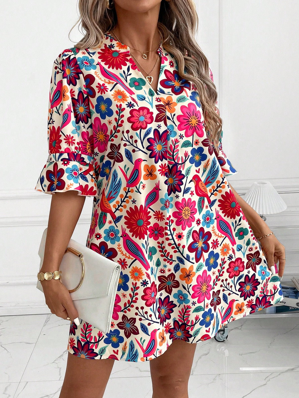 Clasi Women Beige Floral Summer Boho Dress, Elegant Autumn Casual Print Short Tunic, Versatile Holiday Vacation Beach Party Wedding Guest Outfit