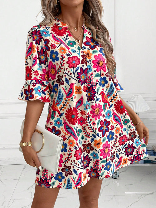 Clasi Women Beige Floral Summer Boho Dress, Elegant Autumn Casual Print Short Tunic, Versatile Holiday Vacation Beach Party Wedding Guest Outfit