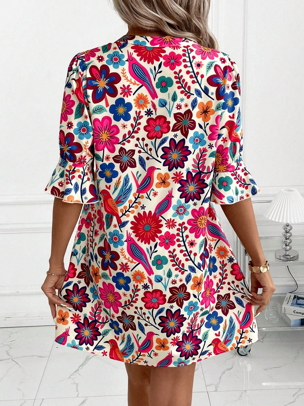 Clasi Women Beige Floral Summer Boho Dress, Elegant Autumn Casual Print Short Tunic, Versatile Holiday Vacation Beach Party Wedding Guest Outfit