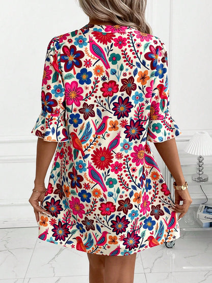 Clasi Women Beige Floral Summer Boho Dress, Elegant Autumn Casual Print Short Tunic, Versatile Holiday Vacation Beach Party Wedding Guest Outfit