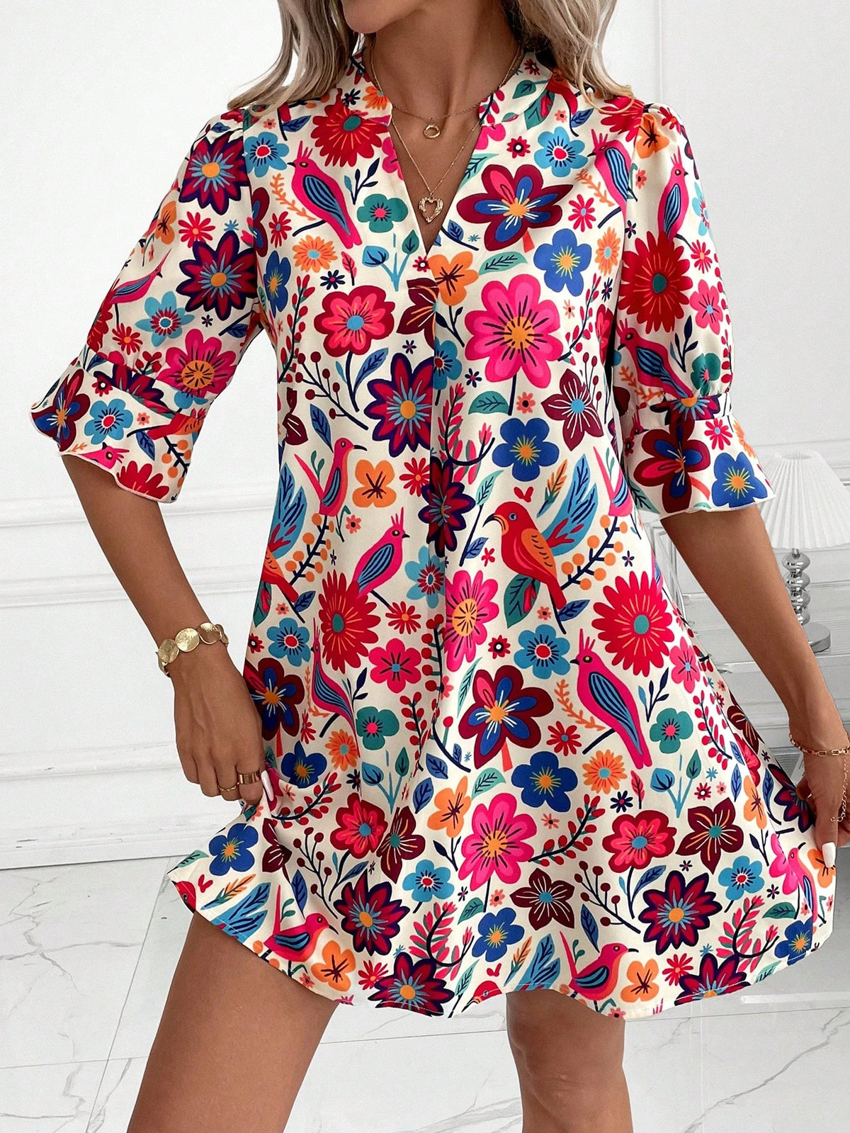Clasi Women Beige Floral Summer Boho Dress, Elegant Autumn Casual Print Short Tunic, Versatile Holiday Vacation Beach Party Wedding Guest Outfit