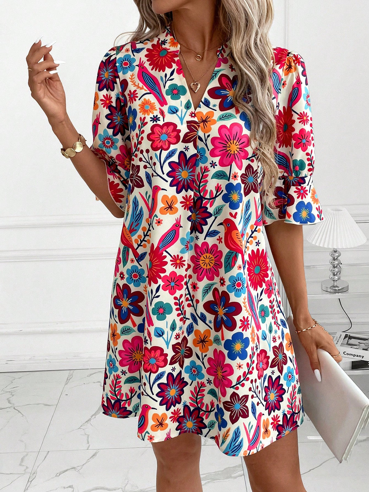 Clasi Women Beige Floral Summer Boho Dress, Elegant Autumn Casual Print Short Tunic, Versatile Holiday Vacation Beach Party Wedding Guest Outfit