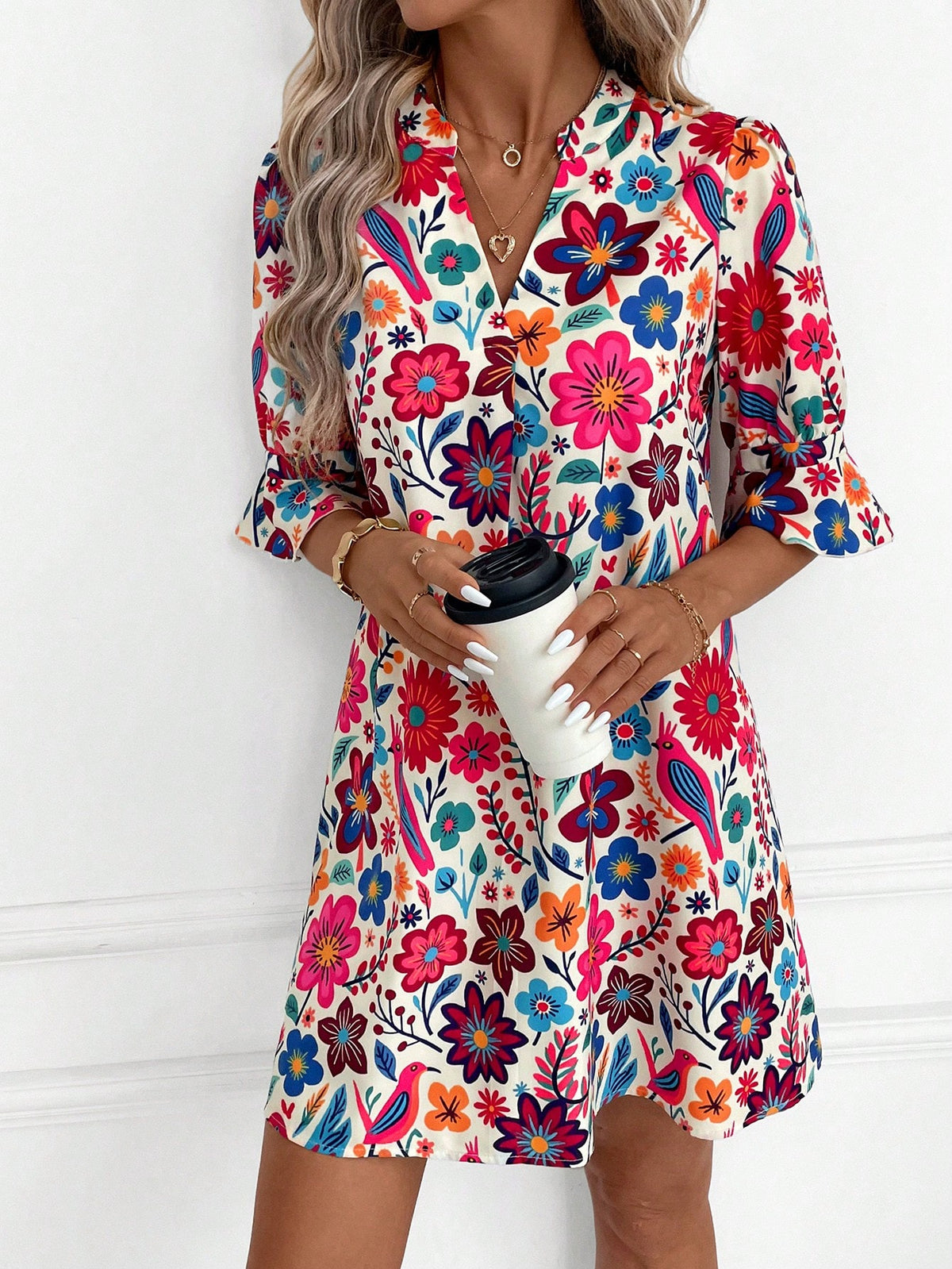 Clasi Women Beige Floral Summer Boho Dress, Elegant Autumn Casual Print Short Tunic, Versatile Holiday Vacation Beach Party Wedding Guest Outfit