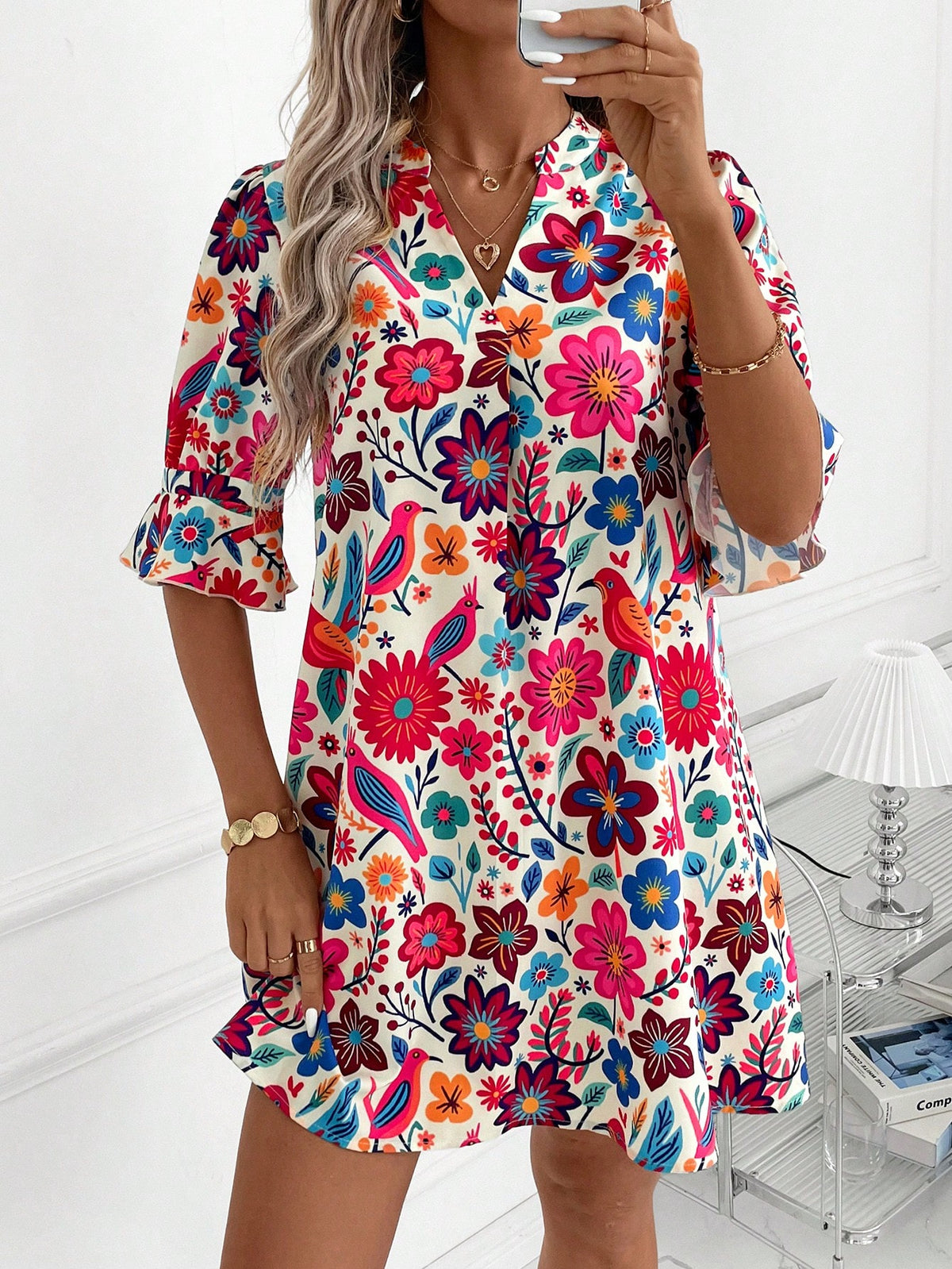Clasi Women Beige Floral Summer Boho Dress, Elegant Autumn Casual Print Short Tunic, Versatile Holiday Vacation Beach Party Wedding Guest Outfit