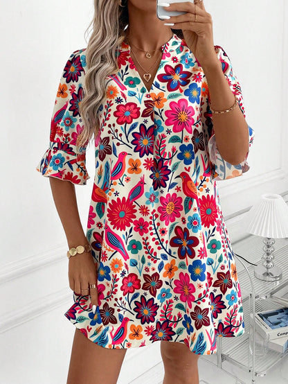 Clasi Women Beige Floral Summer Boho Dress, Elegant Autumn Casual Print Short Tunic, Versatile Holiday Vacation Beach Party Wedding Guest Outfit