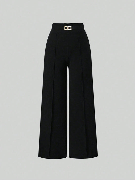 Clasi Women's Trousers, Summer Office Wear, Decorative Metal Buckle, Casual Style, Straight Leg, Elegant & Minimalist