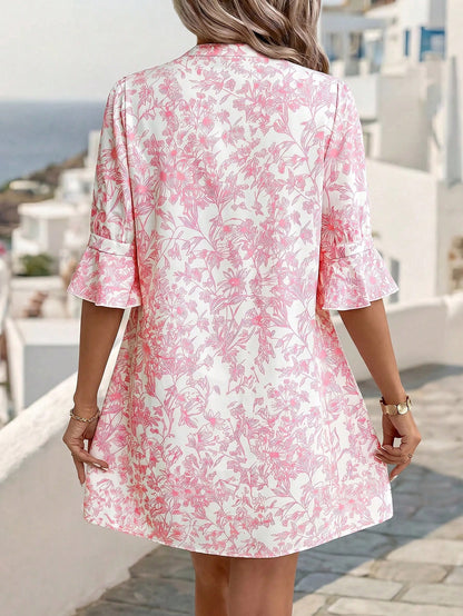 Clasi Women's V-Neck All-Over Botanical Print Fashion Elegant Boho Mini Dress Beach Pink White Summer