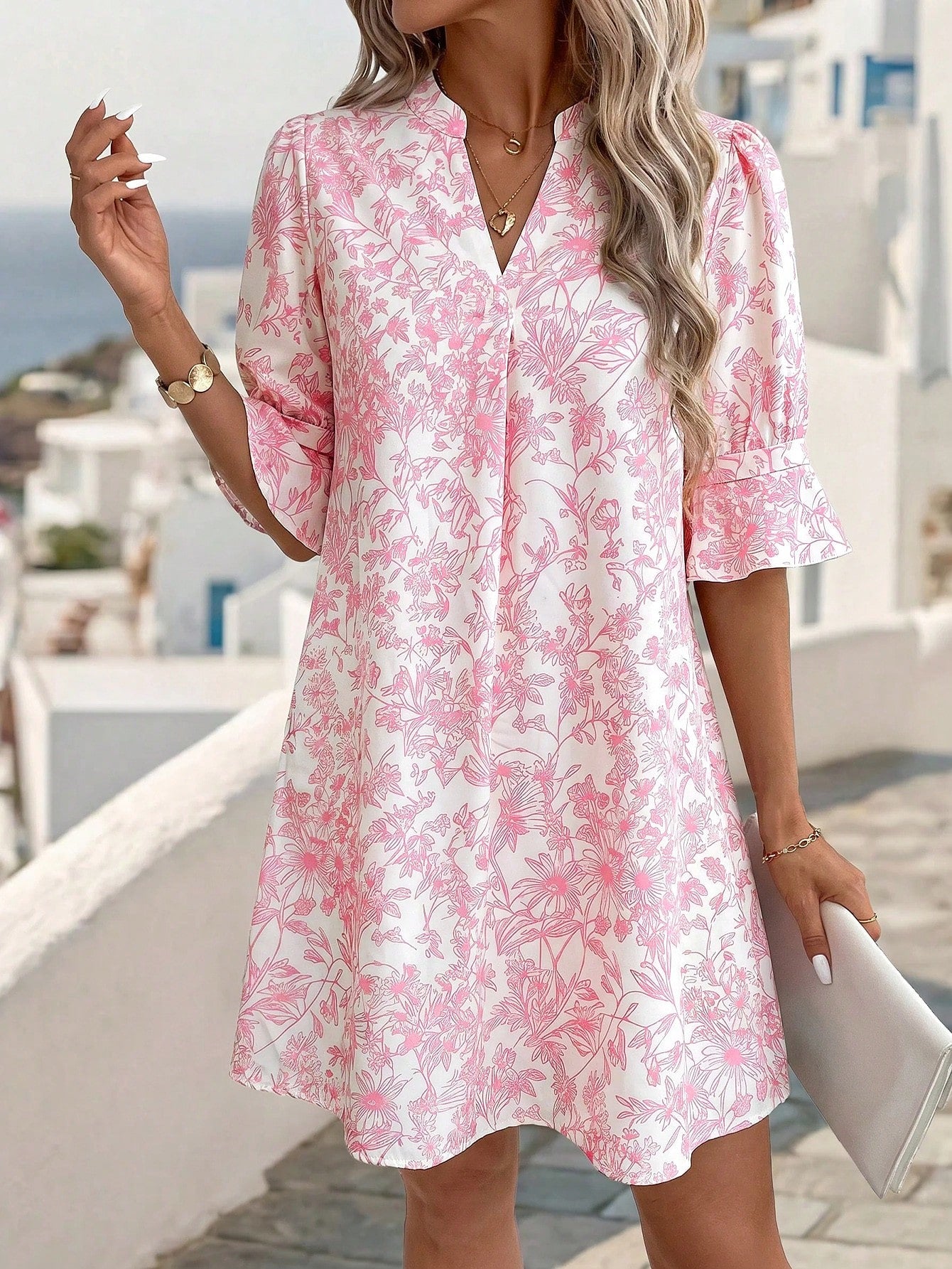 Clasi Women's V-Neck All-Over Botanical Print Fashion Elegant Boho Mini Dress Beach Pink White Summer