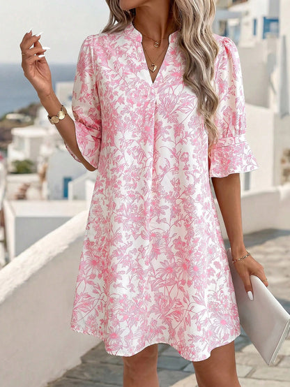 Clasi Women's V-Neck All-Over Botanical Print Fashion Elegant Boho Mini Dress Beach Pink White Summer