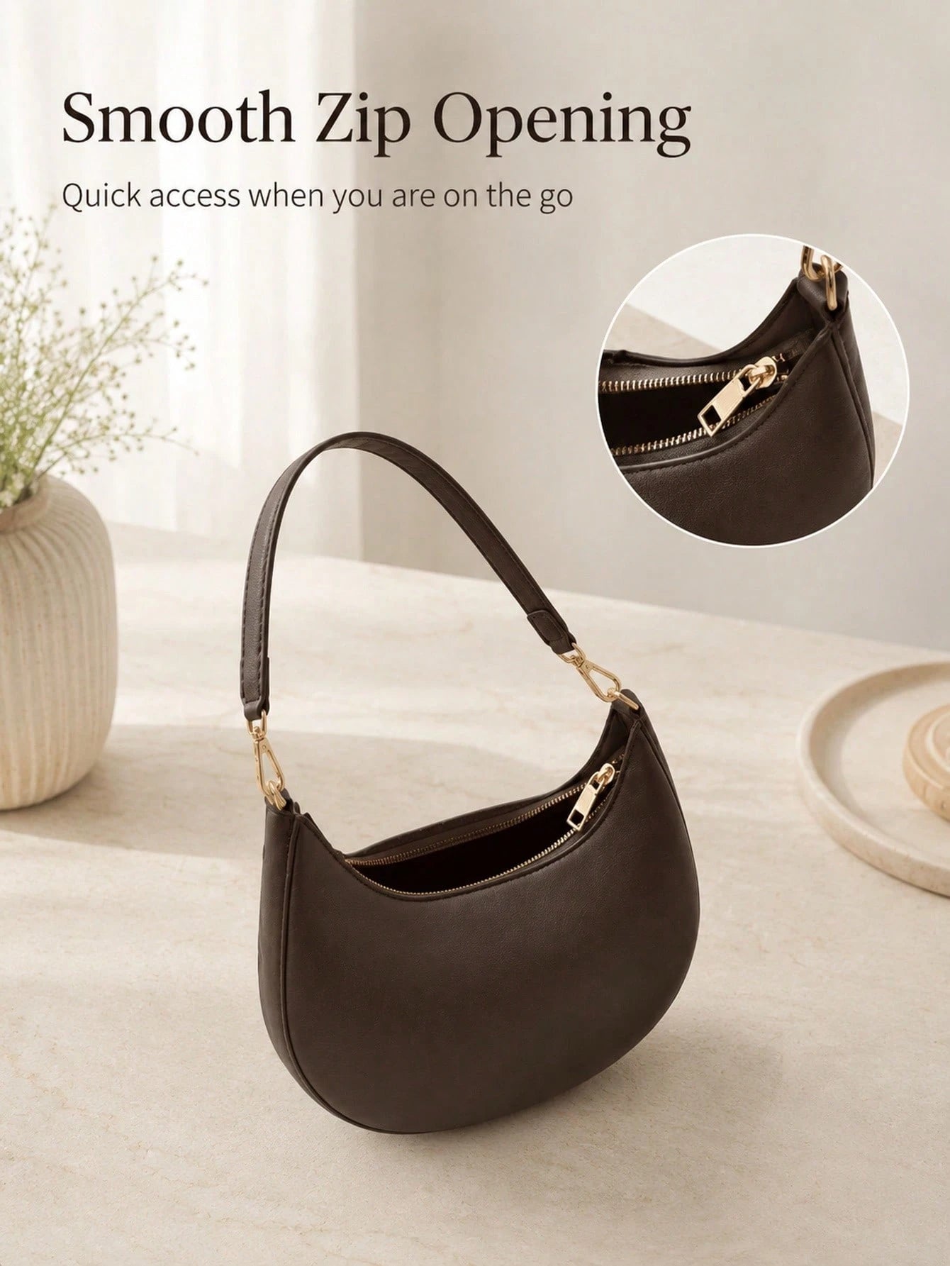 Classic Coffee Crescent Smooth Shoulder Bag For Daily Commute Elegant Old Money Shoulder Bags For Women Perfect For Winter Mochilas Bolsa